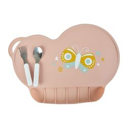 BEBE DOUCEUR, Set de Table Papillon Fantasy Garden avec Récupérateur en Silicone 40 x 28 cm Rose Poudre