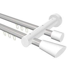 Flairdeco - Tringle à Rideaux intérieure, Barre de Rideaux en Aluminium et Bois avec Embouts - 20 mm de diamètre - 2 Voies - Type de Conus - Gris argentéBlanc laqué - 120 cm