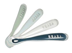 BÉABA, Set van 4 Siliconen Lepeltjes voor Baby's en Kinderen, 1e Leeftijd, Vanaf 4 Maanden, Zachte, Afgeronde Tip, Lange en Ergonomische Handgreep, Storm