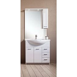 Dmora Mobile Da Bagno A Due Ante E Tre Cassetti E Specchiera Con Pensile, Made In Italy, Cm 105 X 50 X 191, Colore Bianco