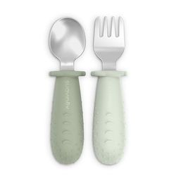 Suavinex, Leerbestek voor kinderen, lepel en vork van roestvrij staal, antislip siliconen handvat, ergonomisch, BLW, i + 6 maanden, vaatwasmachinebestendig, groen