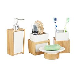 Relaxdays Conjunto de acessórios de casa de banho moderno, bambu - cerâmica, bege - branco, 4 unidades