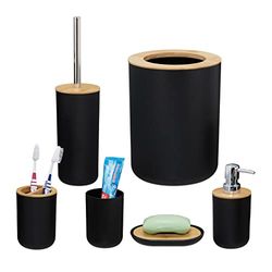Relaxdays Accessories, Set of 6, Bathroom Equipment, Soap Dispenser, Toothbrush Holder, Bucket, Bamboo, Black, 25 x 19.5 x 19.5 cm