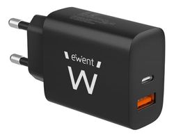 Ewent Caricabatterie USB C, Caricatore USB-C per iPhone 16/15/14/13/12/11/Pro/Max/Mini/SE/X/XR/XS/8/7, iPad Pro/Air, Air/Pods Pro, Samsung, Huawei, XiaoMi etc.,2-porte,20W Type C Super Veloce,Nero