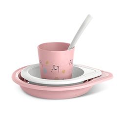 Suavinex, Spennenset voor kinderen + 6 maanden, servies voor kinderen, vaatwasmachinebestendig en magnetronbestendig. Inhoud: beker + bord + kom + lepel. My Family Pink
