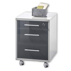 Stella Trading Office Lux Caisson sur roulettes verrouillable, Gris avec devanture en Verre laqué Graphite - Meuble de Bureau Mobile avec 3 tiroirs - Set Complet Moderne - 40 x 56 x 40 cm (l/h/p)