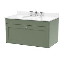 nuie CLC896WR3 Classique Wall Hung 1 Drawer Unit & 3 Tap Hole Marble Worktop with Round Basin, 800mm, Satin Green/White