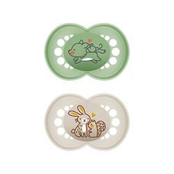 MAM Lot de 2 tétines originales, respectueuses des dents, pour bébé, en matériaux durables et biorenouvelables, en silicone MAM SkinSoft, avec boîte à tétine, 6-16 mois, loup et lapin