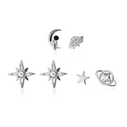 Meissa Set di orecchini donna Piercing orecchini acciaio chirurgico argento 925 Astronauta astronave Set di 3 piccoli pianeti luna stella per piercing