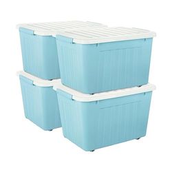 Cetomo 80L*4 Boîtes de Rangement avec Couvercles, Boîte de Rangement en Plastique avec Clips et Roulettes, Empilables, Encastrables, pour Placard de Bureau à Domicile, Bleu, 80L, Lot de 4
