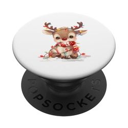 PopSockets Petit renne "Rudolf" avec écharpe et guirlande lumineuse Noir Phone Grip Adhésif pour Téléphone portable
