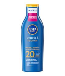 NIVEA SUN Protect & Hydrate SPF 20 200 ml, Crema solare 20 idratante 48h ad assorbimento rapido, Protezione solare 20 resistente all'acqua arricchita con Vitamina C e Acido Ialuronico