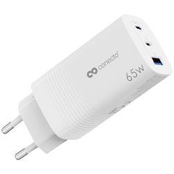 conecto USB C-oplader, 3-poorts meervoudige adapter, voeding 65 watt snellader, compatibel met Apple iPhone 15, Samsung, tablet, laptop UVM, GaN QC PD Charger, wit