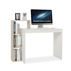 Mondeer Escritorio Ordenador con Estante, Madera de ingeniería, Blanco y Roble, 110 x 40 x 92 cm