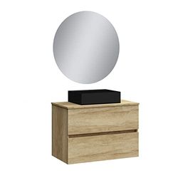 BAIKAL Mueble de Baño Onyx Black, 2 cajones, suspendido en Pared, con Lavabo cerámico en Negro Mate. Melamina 16mm. Mueble MONTADO. Lavabo Rectangular/con Espejo 80 cm Nature