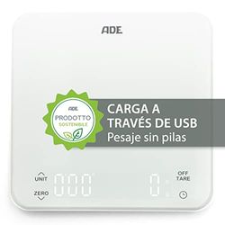 ADE Báscula digital de cocina con batería, carga por USB sin batería, báscula de café precisa con temporizador integrado, hasta 5 kg/1 g