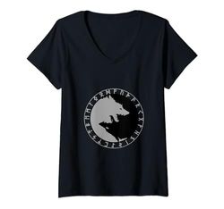 Mujer Fenrir Odín Lobo Mitología nórdica Runas vikingas Valhalla Camiseta Cuello V