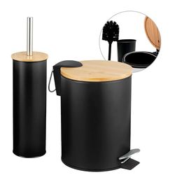 Amig - Naturline Bin and Toilet Brush Set - Ø168 x 230 mm - Steel and Bamboo - Black - Stylish and Practical Bathroom Set - Perfect for a Sophisticated Décor