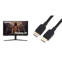 Samsung Odyssey G7 LS28BG700EPXXU 28" 4K UHD Smart Gaming monitor with Speakers & Amazon Basics HDMI Cable, 48Gbps High-Speed, 8K@60Hz, 4K@120Hz, Gold-Plated Plugs, Ethernet Ready, 0.9 m, Black