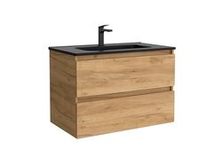Mueble de Baño BEQUIA 60cm Roble | Lavabo Negro Porcelana Centrado