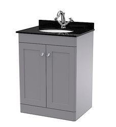 nuie CLC225BR1 Classique Floor Standing 2 Door Unit & 1 Tap Hole Marble Worktop with Round Basin, 600mm, Satin Grey/Black