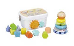 Amazon Basics Set de juguetes clásicos de madera con clasificador de formas y apilador de arcoíris, Multicolor