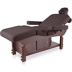 QUIRUMED SPA Tavolo con Ripiano e Ante Scorrevoli, Colore Marrone, Similpelle, Base in Legno, 210 x 69 cm, Altezza Regolabile, Testa e Braccioli Estraibili, Multiposizione