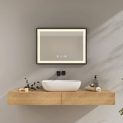 EMKE Miroir de Salle de Bain avec Éclairage 70x50cm Miroir de Salle de Bain Bord Noir LED Miroir de Salle de Bain avec Tactile, Anti-buée, Horloge, Température, Dimmable, Éclairage Neutre