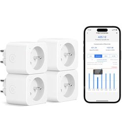 Meross Presa collegata (tipo E), 16A Presa WiFi Compatibile con Alexa e Google Home, 4 prese con misurazione del consumo elettrico con controllo vocale, controllo remoto e configurazione Bluetooth