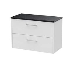 Hudson Reed JNU2126LSB Juno Modern Bathroom Wall Hung 2-Drawer Vanity with Black Sparkle Laminate Worktop, 800mm, Woodgrain White Ash