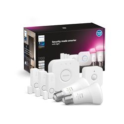 Philips Hue Secure, StarterKit, Lampadina Smart, Luce da Bianca a Colorata, 9W, 3 Sensori di Contatto, Sensore di Movimento, Hue Bridge