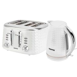 Geepas 4 Slice Bread Toaster & 1.7L Cordless Electric Kettle Combo Set with Textured Design – 1750W Toastie Machine with 7 Browning Control - 2200W Kettle with Auto Shut Off & Boil Dry Sensor - White