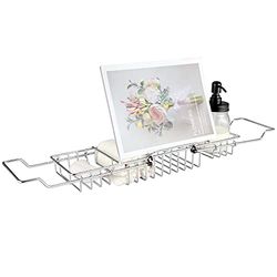 HOMEE Bandeja para bañera, Bandeja de Ducha de Acero Inoxidable con Soporte extraíble para Libros, Bandeja Extensible de Estilo Europeo para Ducha, baño, teléfono, iPad, Libro, portavelas, Estante de