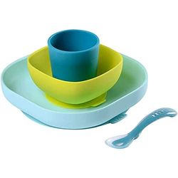 BÉABA Conjunto de louça em silicone infantil, ventosa resistente, conjunto de 4 peças para bebé, prato tigela caneca colher, acessórios para aprendizagem de bebé, azul