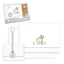 Interbaby - Parure de lit bébé 100% Coton + tétine en Silicone Blanc/Vert + Drap-Housse, Drap Plat et taie d'oreiller Motif Dinosaure Palmier 60 x 120 cm