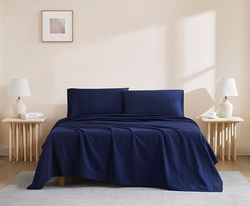 Linen Closet Parure de lit 4 pièces en Coton Bio de 144 Fils au Pouce carré, très Grand lit, Bleu Marine