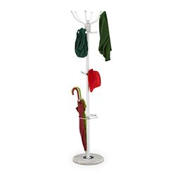 Relaxdays Coat Rack, with Marble Base, 16 Hooks & Umbrella, Stable Hallway Storage, HxØ: 176.5 x 36.5 cm, White, Steel