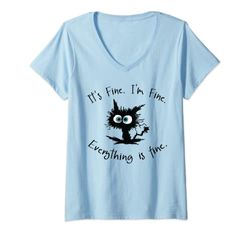 Mujer Its Fine Im Fine Everythings Fine Tshirt Mujer Funny Cat Camiseta Cuello V