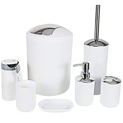 Longsheng - Set di 6 accessori da bagno, set da 6 pezzi con dispenser per lozioni, portaspazzolino, bicchieri da bagno, portasapone, bidone della spazzatura, scopino per WC con sacchetti per la