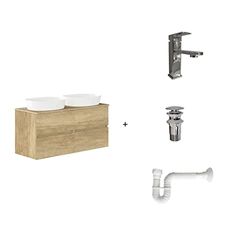 Baikal Pack solución Completa. Incluye: Mueble de Baño, Lavabo cerámico, Grifo, Sifón Extensible y Válvula de desagüe. Mueble MONTADO. Entrega Todo en uno. 2 Cajones Sin Espejo 60+60 cm Nature