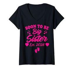 Womens Soon To Be Big Sister 2026 Baby Reveal Sibling Girls Kids V-Neck T-Shirt