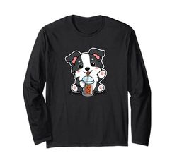 Cute Funny Kawaii Kids Boba Bubble Tea Border Collie Lover Maglia a Manica