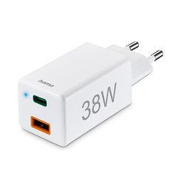 Hama Snabbladdare USB C och USB A (2-port universell laddningskontakt för smartphone iPhone, Samsung och surfplatta, flera laddningsadapter 38 watt med Power Delivery och Qualcomm Quick Charge,
