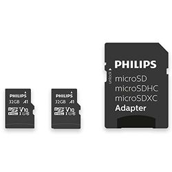 Philips SDHC Card 2-Pack 32GB + SD Adapter UHS-I U1 Reads up to 80MB/s A1 Fast App Performance V10 for Smartphones, Tablet PC, Card Reader 2 x 32GB