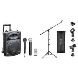 Ibiza Sound PORT8VHF-BT Sistema de Sonido Portátil y Autónomo de 20 cm, Bluetooth, Wireless y CAHAYA Soporte de Micrófono con Brazo y Dos Pinzas, Pie Plegable