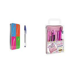 BIC Cristal Set Penne a Sfera Colorate, Pop Art Limited Edition, da Regalo, Confezione in Metallo Riutilizzabile, 20 Unità & Pink&Purple, Set Con Astuccio, 2 Penne A Sfera, 1 Penna Gel Cancellabile