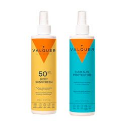 Valquer Pack solskyddsmedel för kropp och hårspray. SPF 50 300 ml kroppskräm och hårskydd 300 ml. Högt UVA- och UVB-strålskydd, vattentätt med Tahiti Monoi-doft