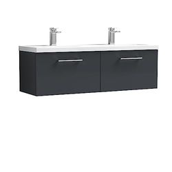 nuie ARN1422F Arno Wall Hung 2 Drawer Vanity Unit & Double Polymarble Basin, 1200mm, Soft Black
