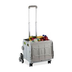 Relaxdays Shoppingvagn trappklättrare, vikbar, shoppingkorg med hjul, lock, teleskophandtag, upp till 50 kg, vit/grå