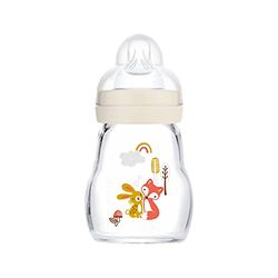 MAM Feel Good Biberon en Verre (170 ML), Bouteille de Lait avec Large Ouverture, Gourde Solide pour bébé avec tétine Taille 1, dès la Naissance, Lapin/Renard